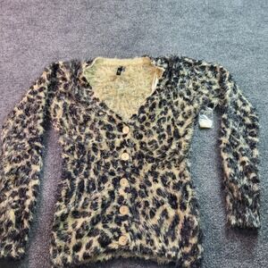Vip Fuzzy Leopard Print Cardigan Sweater Women's Size M